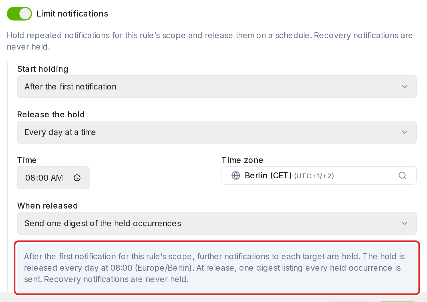 Limit notifications in the rule dialog