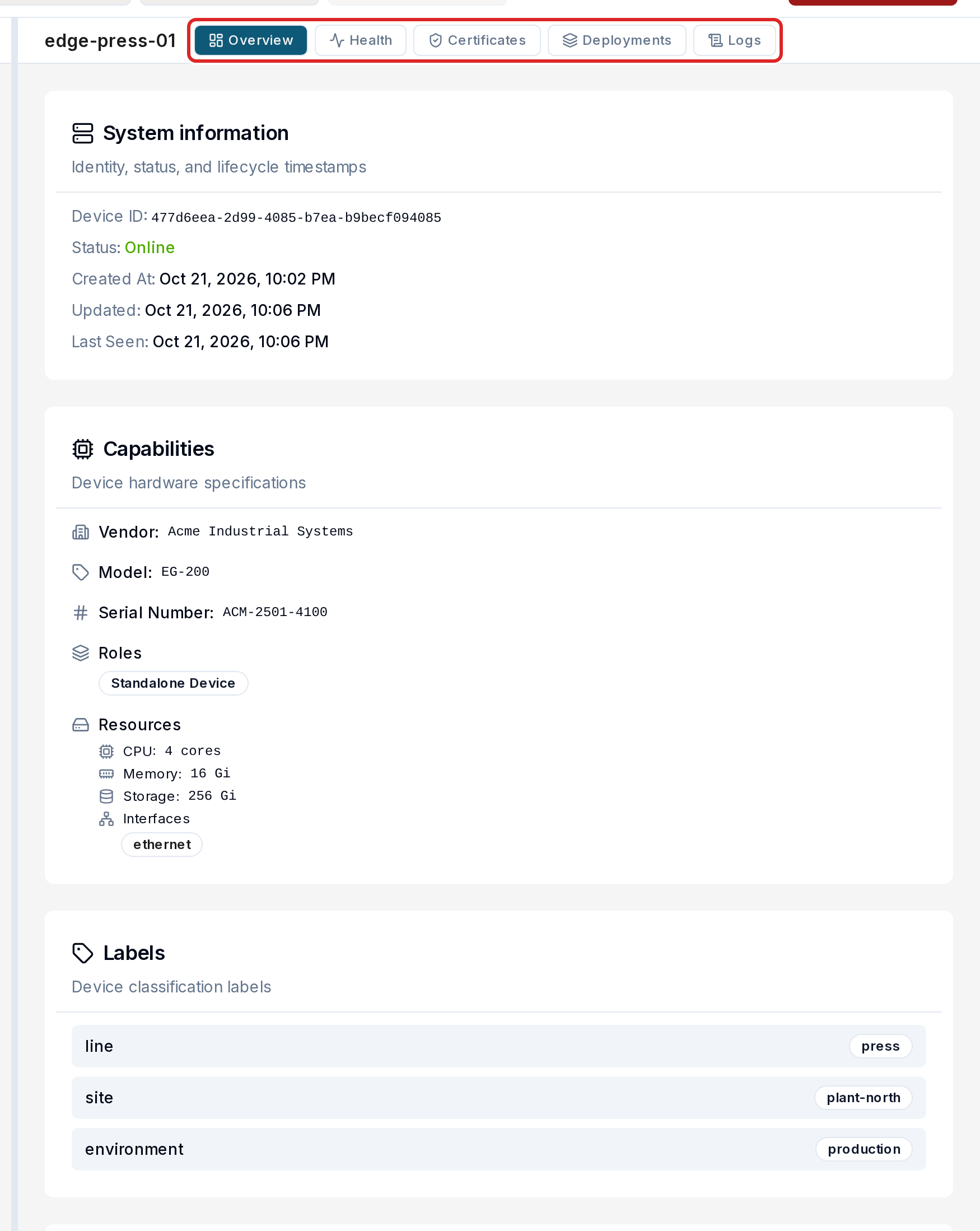 The device details with its tabs