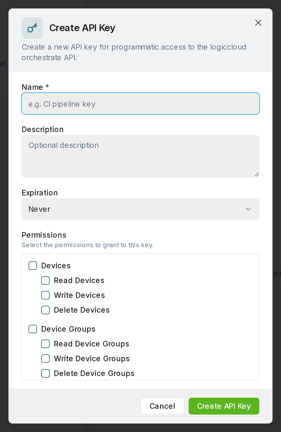 The Create API Key dialog