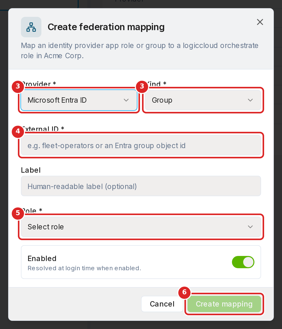 The Create mapping dialog