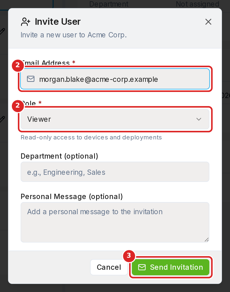 The Invite User dialog
