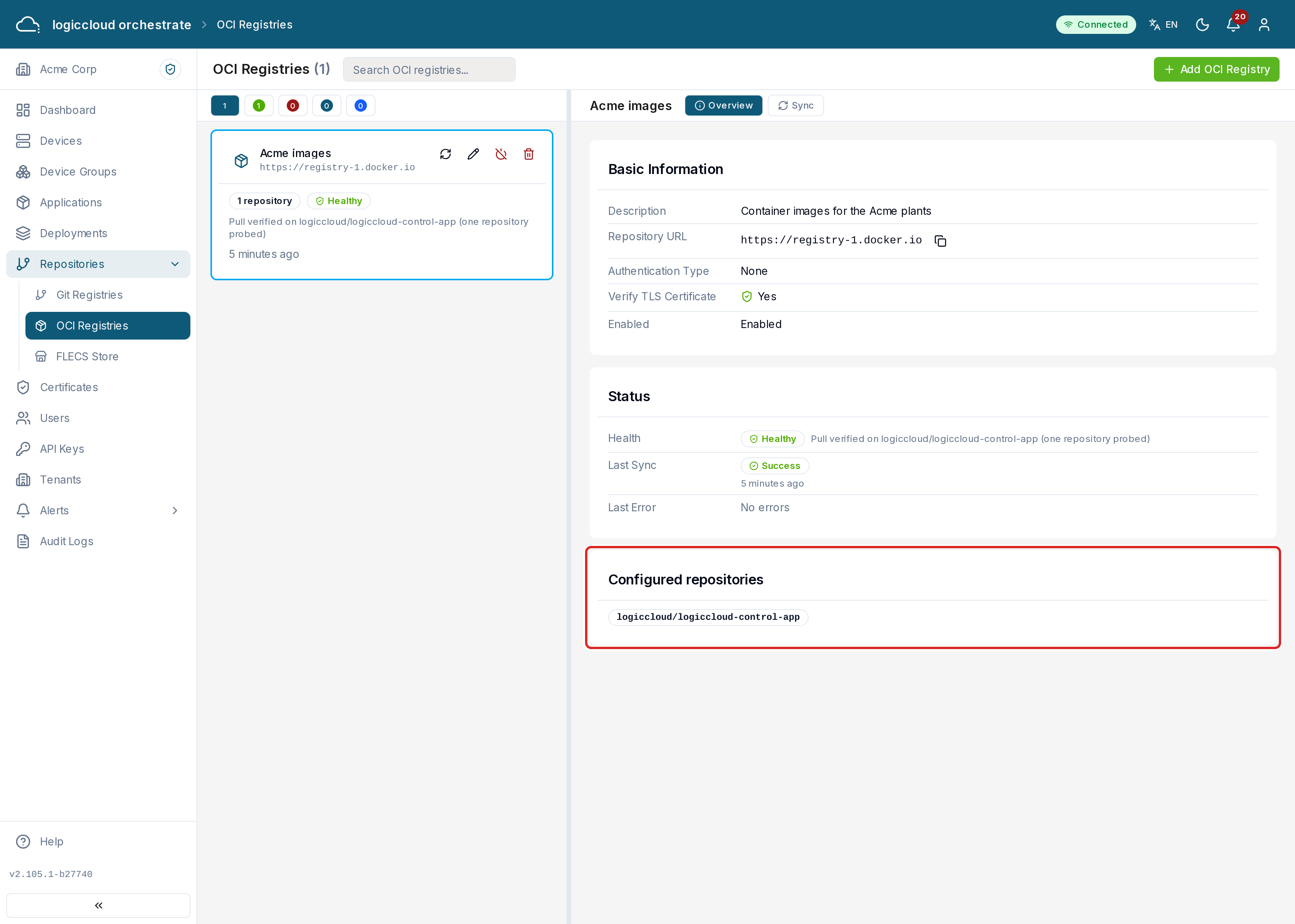 The OCI Registries page with a registry and its configured repositories